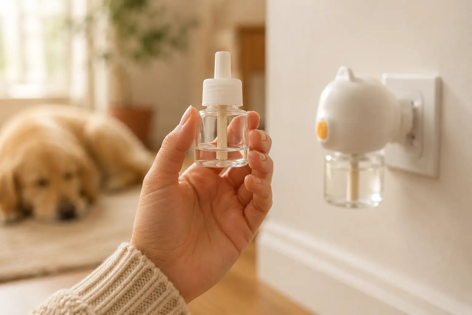 Hand holding a nearly empty dog calming diffuser refill vial next to a plug-in diffuser with a fuller vial, with a golden retriever resting nearby