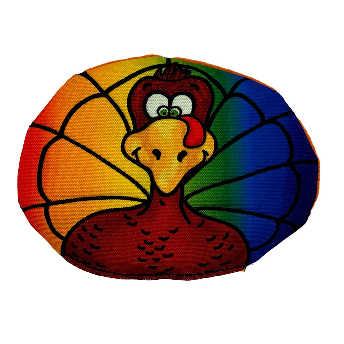 American Dog Rainbow Turkleton turkey squeaky fetch toy on a rainbow background