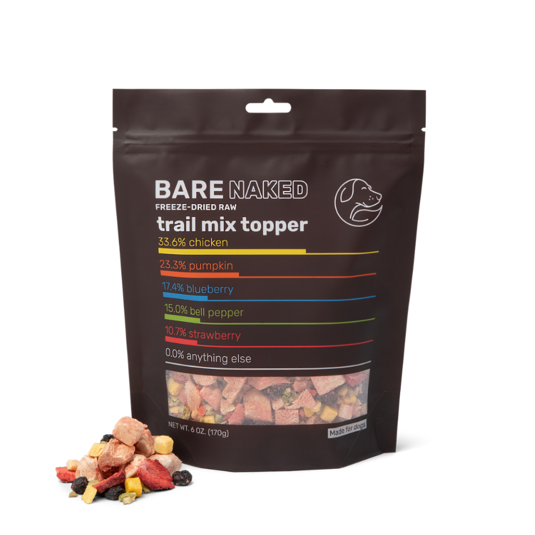 Bare Naked Pet Co. Chicken Mix, a freeze-dried raw dog food topper made with cage-free chicken breast