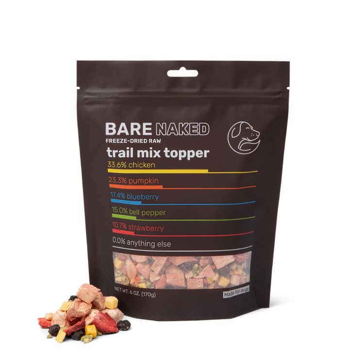 Bare Naked Pet Co. Chicken Mix, a freeze-dried raw dog food topper made with cage-free chicken breast