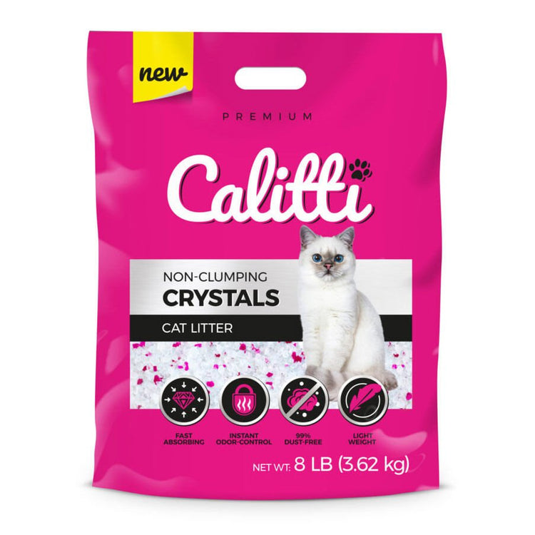Bag of Calitti Crystals unscented non-clumping silica cat litter with pink granules, 8 lb