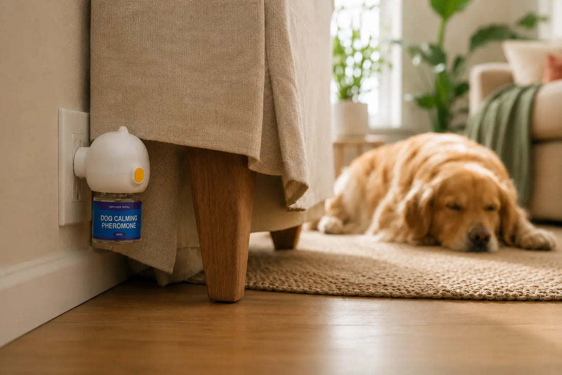 Plug-in dog calming diffuser blocked behind a sofa skirt and leg, a common placement mistake, with a dog resting across the room
