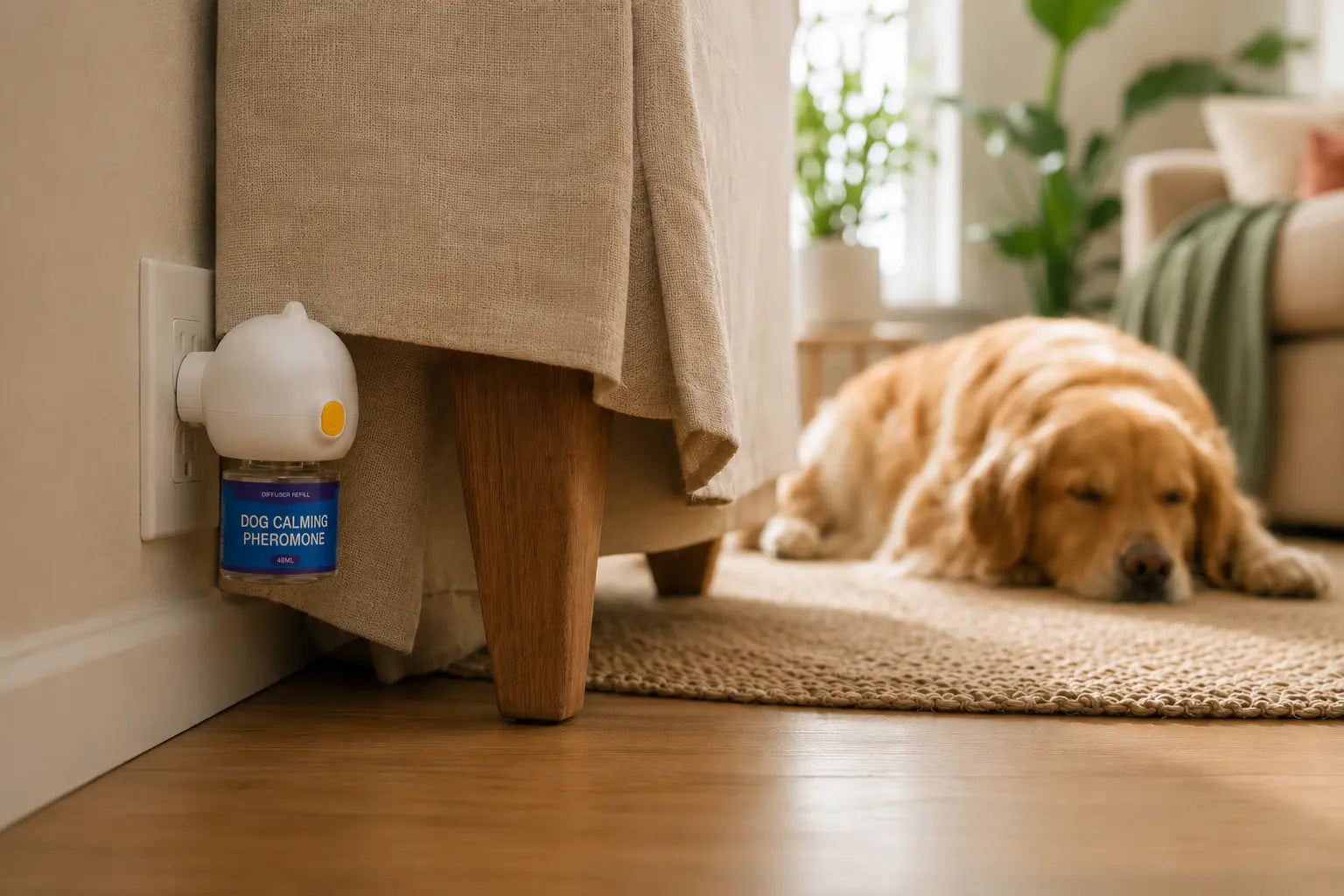 Plug-in dog calming diffuser blocked behind a sofa skirt and leg, a common placement mistake, with a dog resting across the room