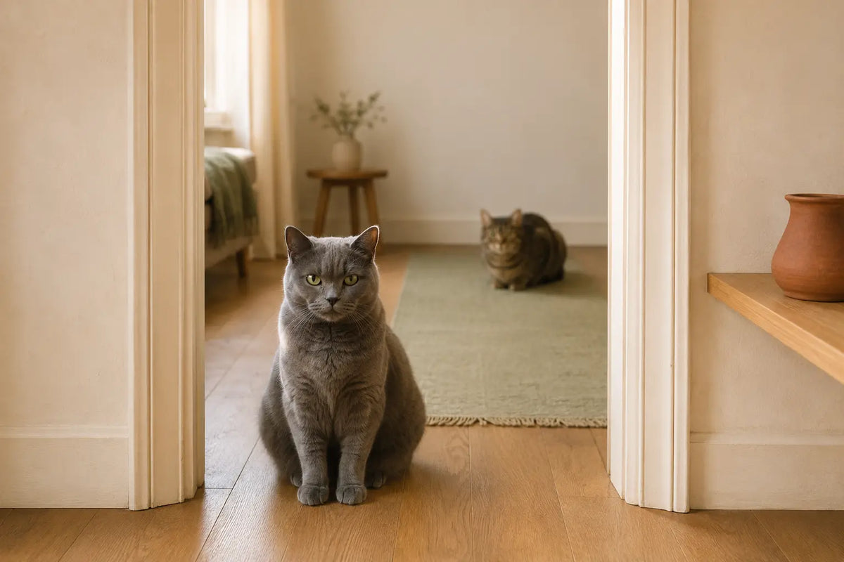 One cat blocking a doorway while another waits back, a silent sign of multi-cat tension
