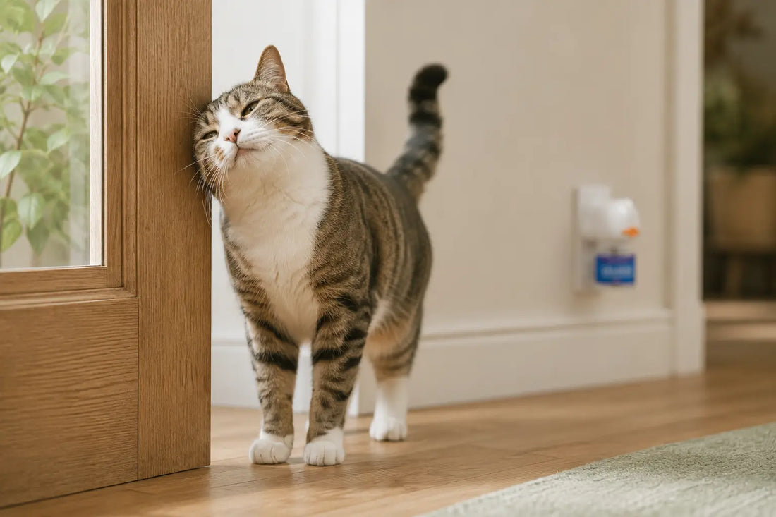 Tabby and white cat rubbing its cheek on a doorframe beside a plug-in cat calming diffuser