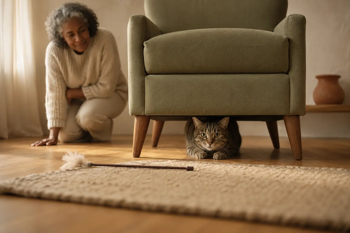 Cat hiding under an armchair while its owner waits nearby, a common sign of cat stress