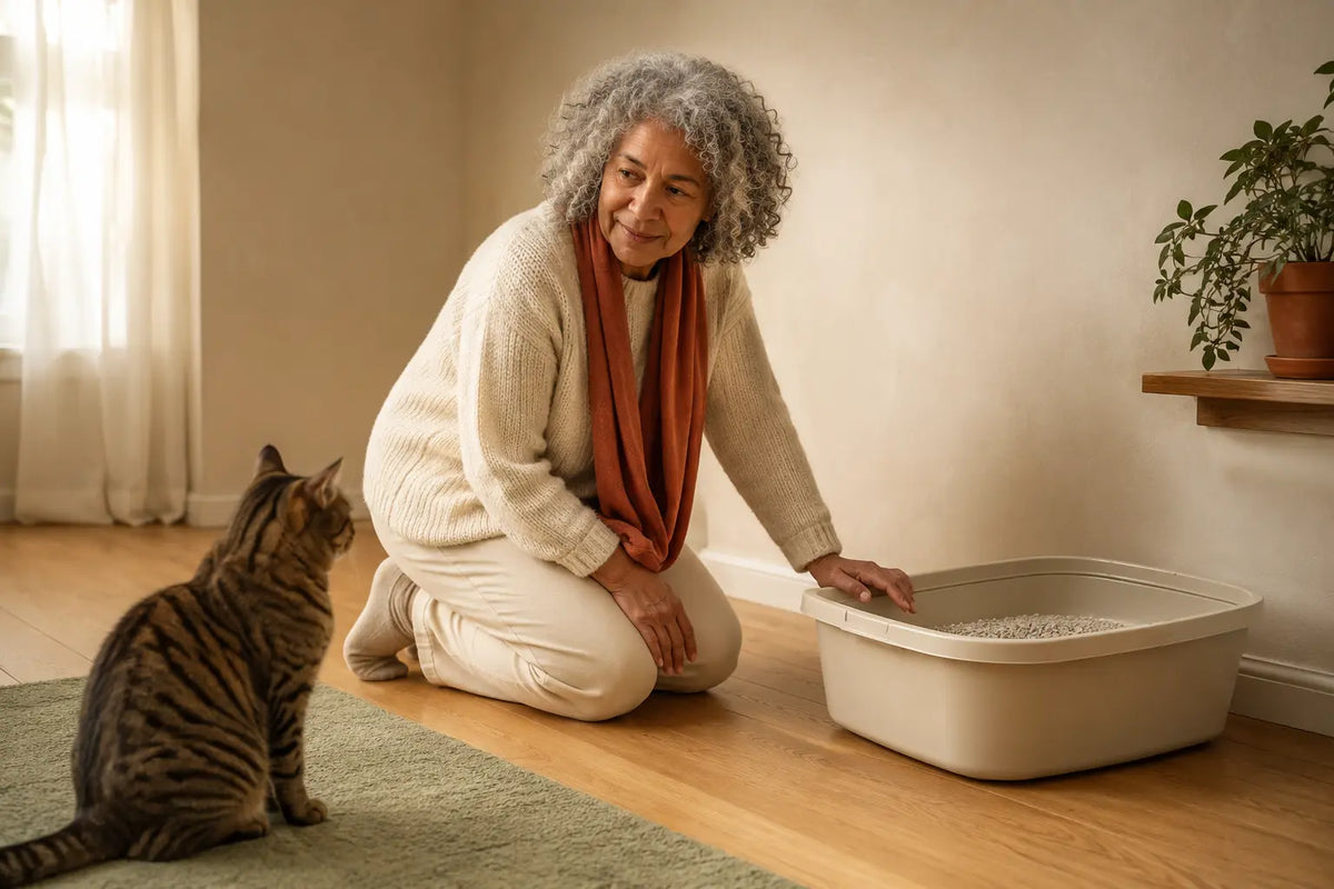Cat owner repositioning a large open litter box in a quiet corner while her cat watches