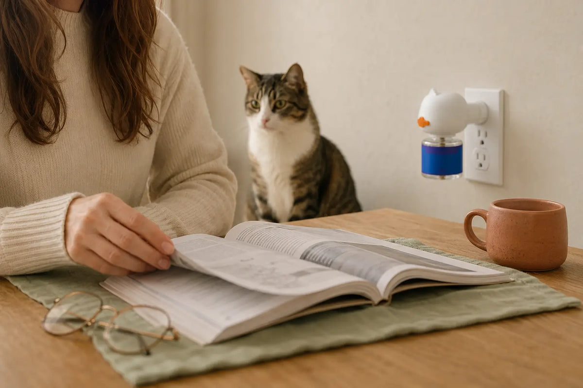 Cat owner reading veterinary research before buying a calming diffuser, cat watching