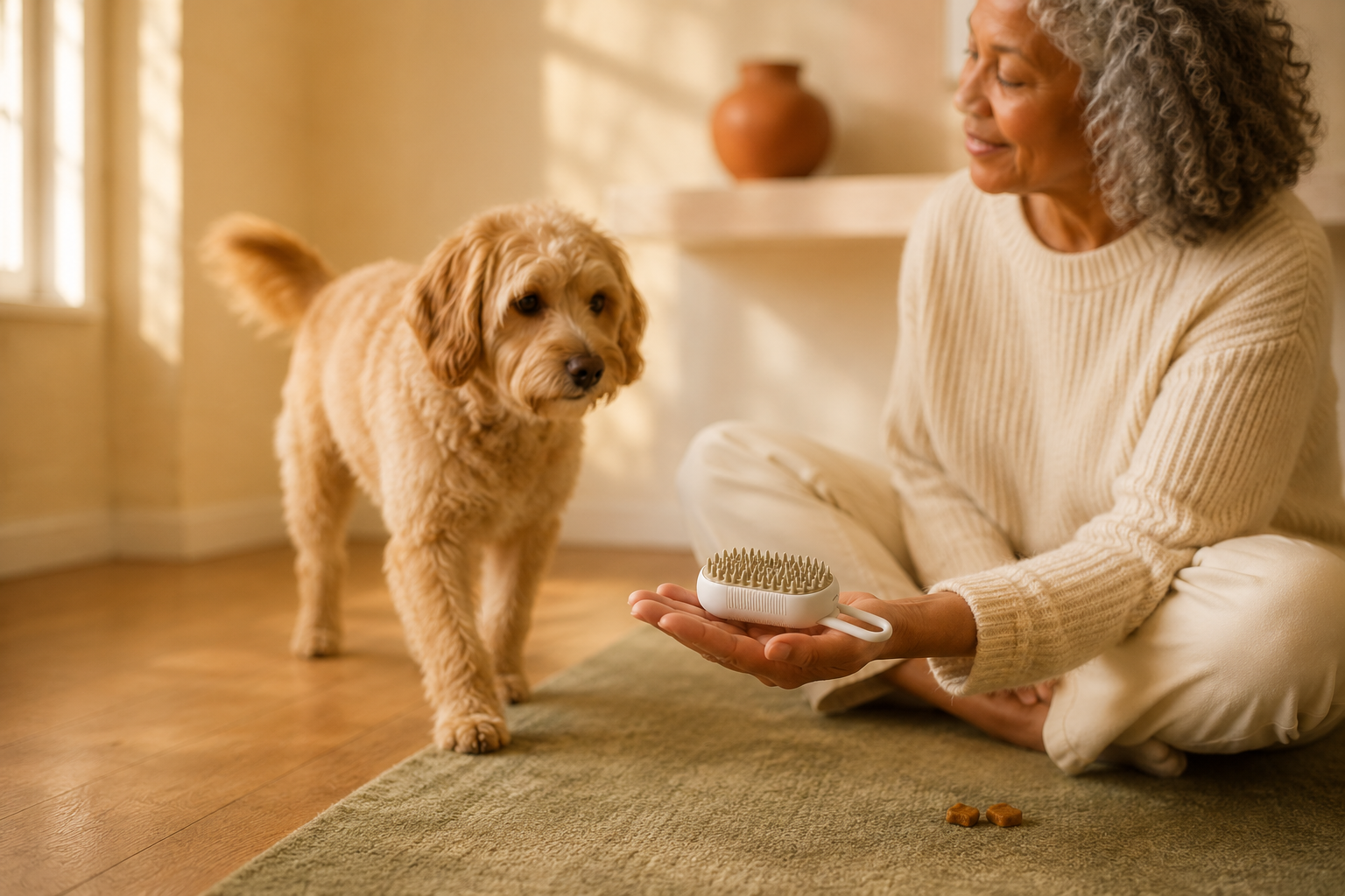 Dog choosing to approach an offered silicone grooming brush held at floor level 