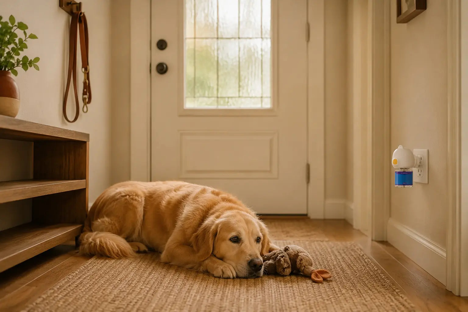 Golden retriever lying calmly by the front door with a chew toy after its owner has left, beside a plug-in dog calming diffuser