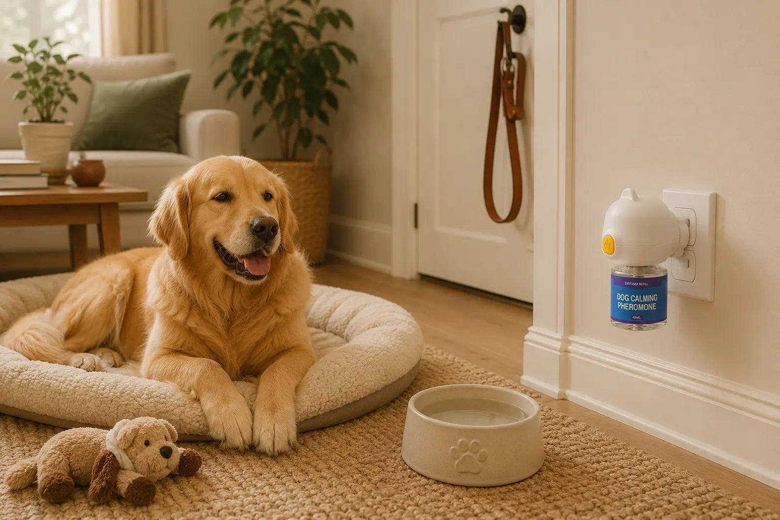Golden retriever on its bed beside a water bowl, chew toy, leash and plug-in calming diffuser in a tidy living room