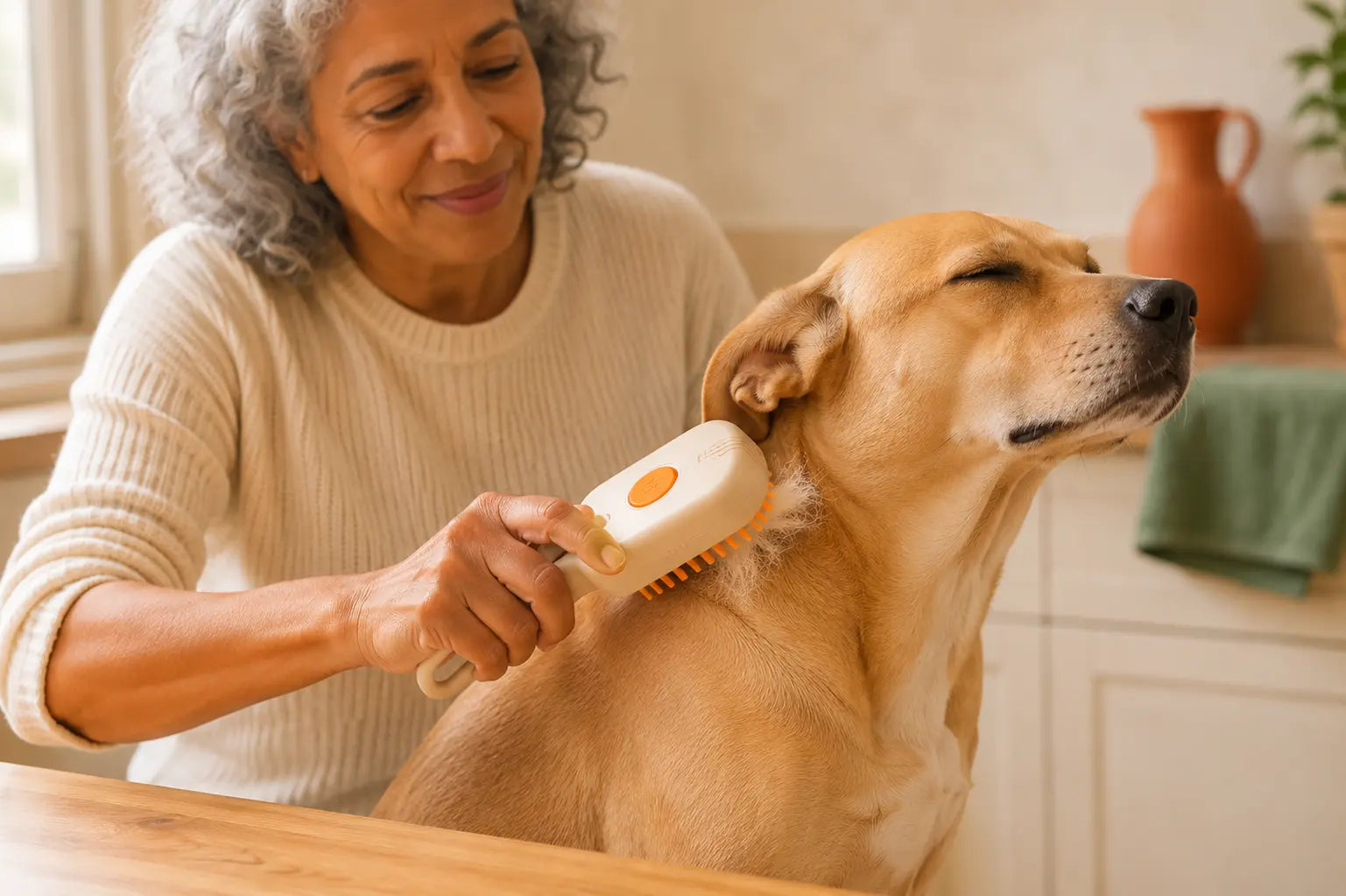 Dog leaning into a silicone steam grooming brush, relaxed while loose fur lifts away