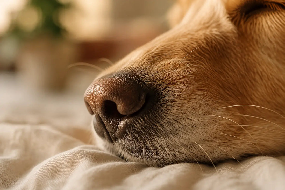 Close-up of a dog's nose resting on cream linen, illustrating how dogs detect appeasing pheromones