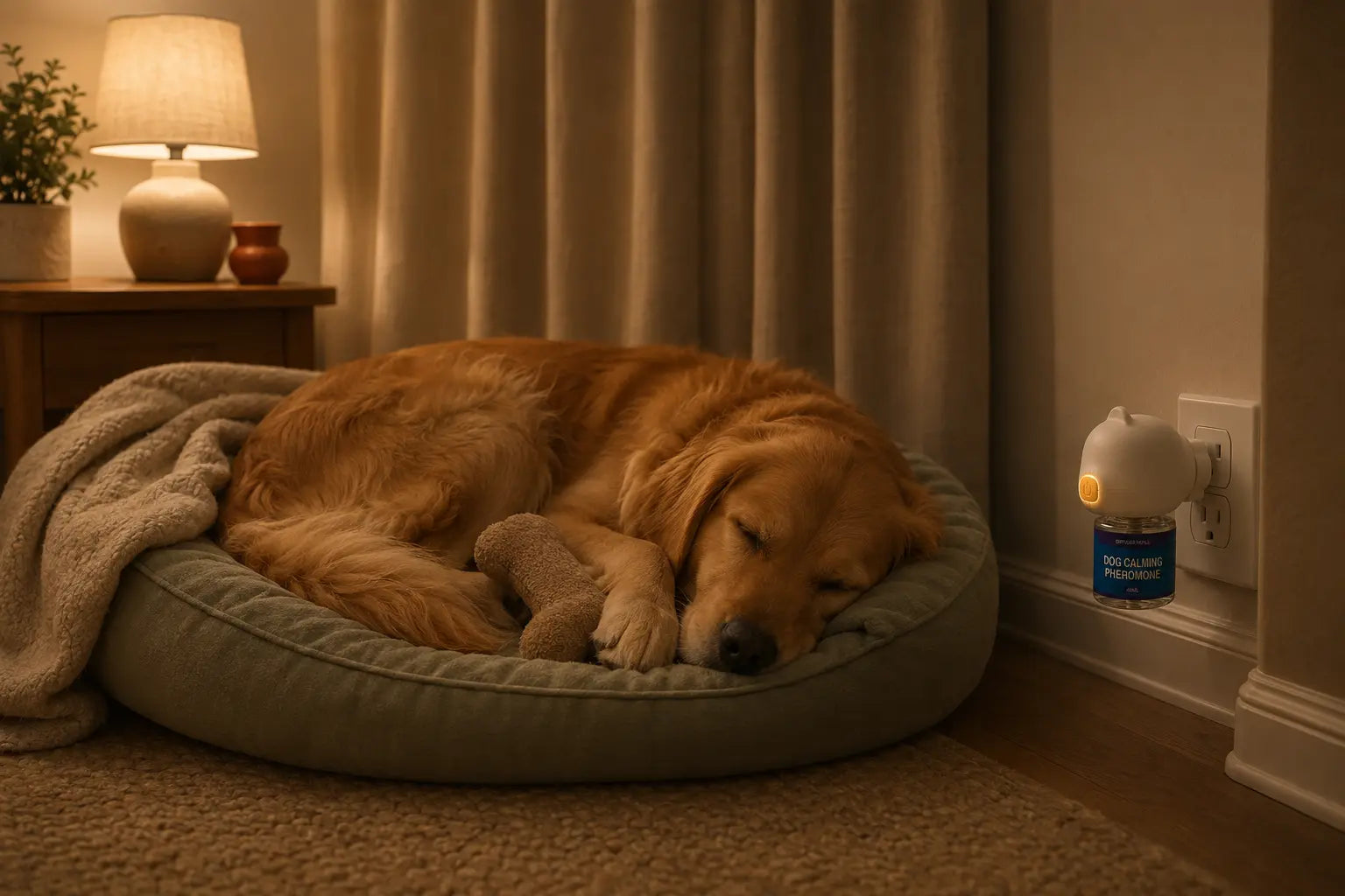Golden retriever sleeping soundly in a lamp-lit room with curtains closed during fireworks, beside a plug-in calming diffuser