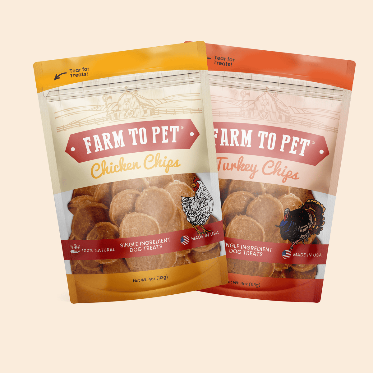Front of the Farm to Pet Turkey and Chicken Chip Dog Treat Duo, two bags of single-ingredient poultry treats