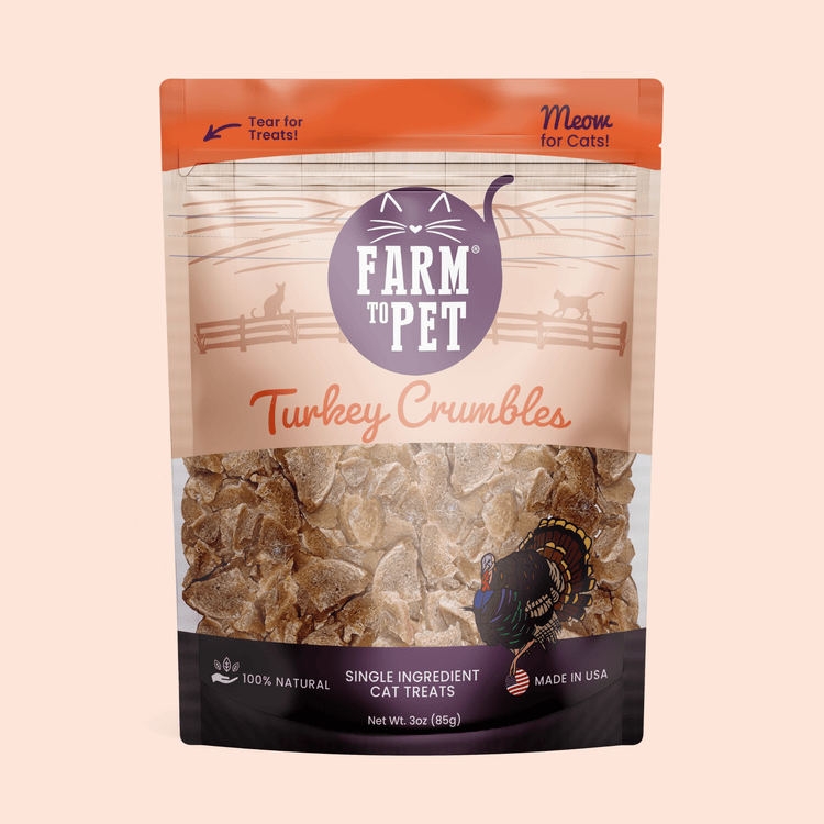 Front of the 3 oz bag of Farm to Pet Turkey Crumbles, single-ingredient turkey breast treats for cats