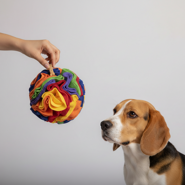 Fleece snuffle ball with layered flaps for hiding treats, for dogs and cats