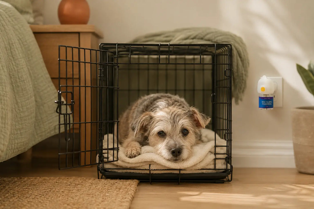 Small rescue dog resting in an open crate in a quiet bedroom beside a plug-in calming diffuser