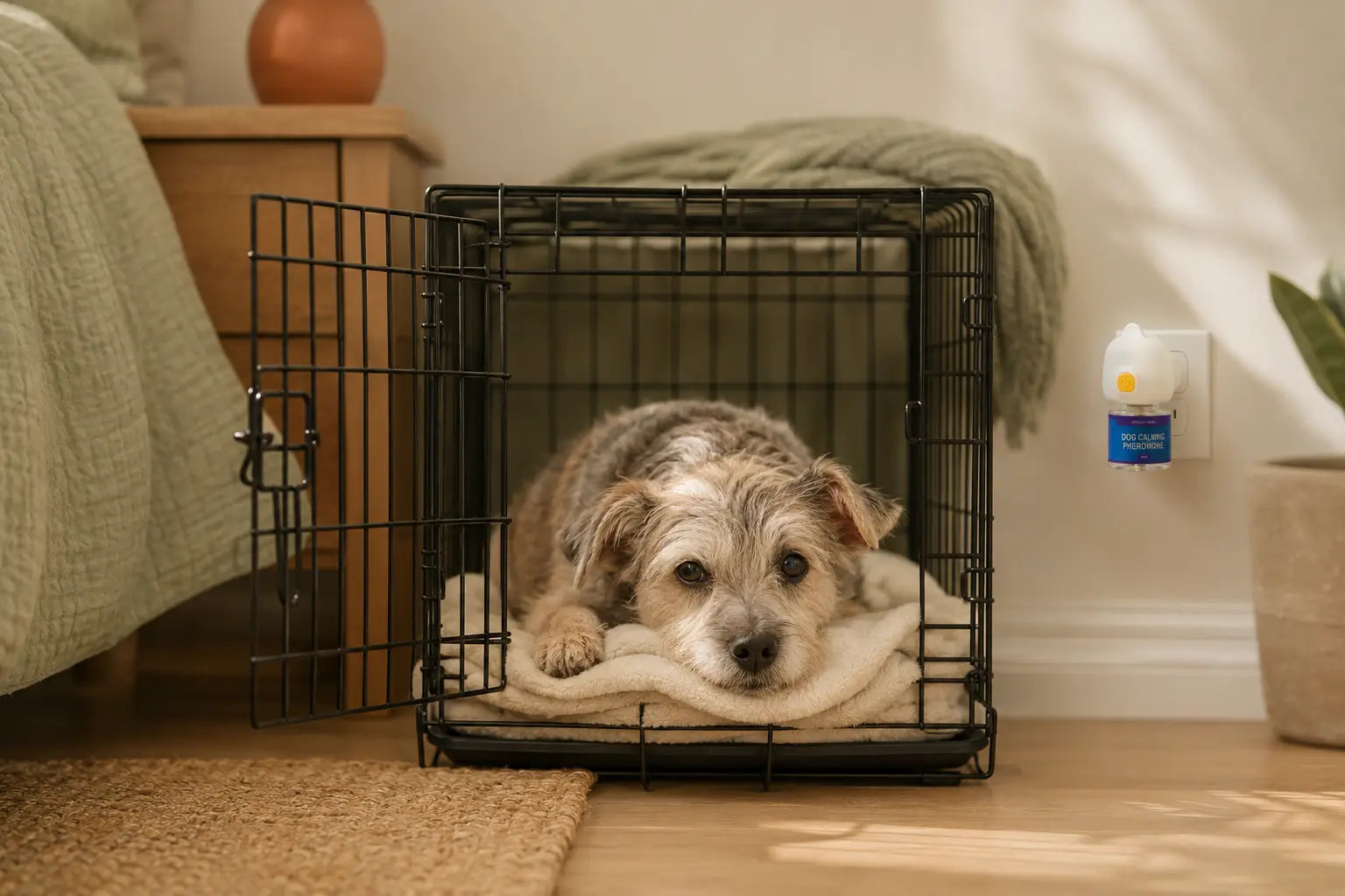 Small rescue dog resting in an open crate in a quiet bedroom beside a plug-in calming diffuser