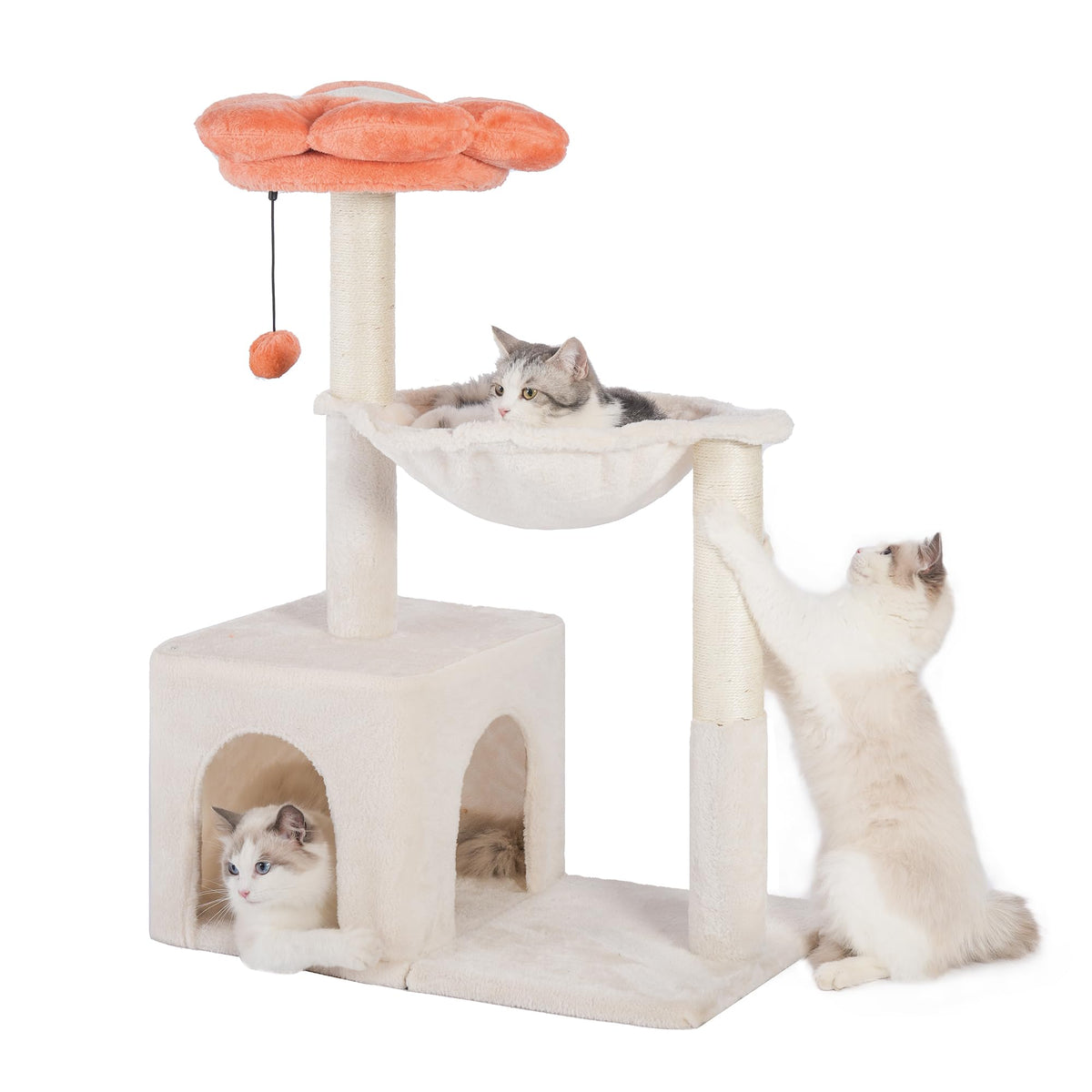 Beige Pawfessor 4-in-1 flower cat tree with a 15.7-inch hammock, wide condo and sisal scratching posts