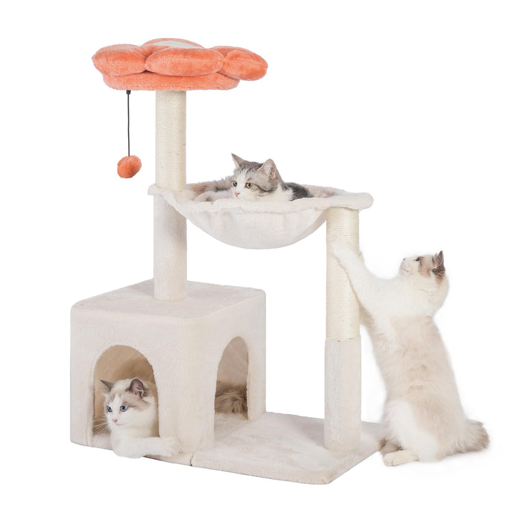 Beige Pawfessor 4-in-1 flower cat tree with a 15.7-inch hammock, wide condo and sisal scratching posts