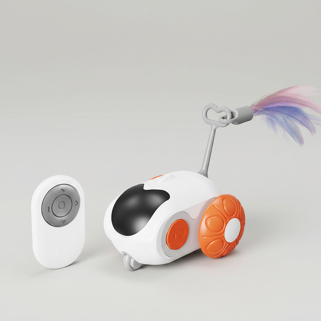 Orange remote control cat toy car with a feather wand mounted on top