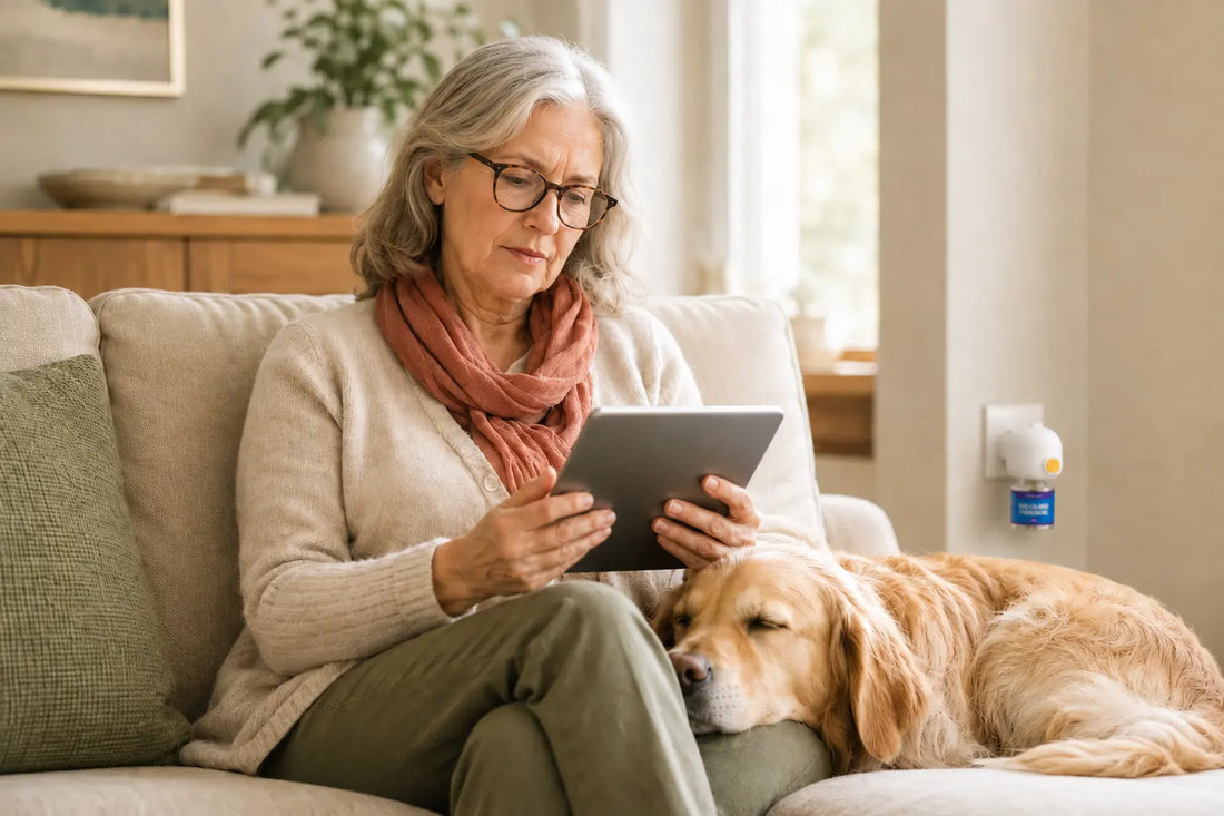 Woman reading about dog calming diffusers on a tablet with her golden retriever resting beside her