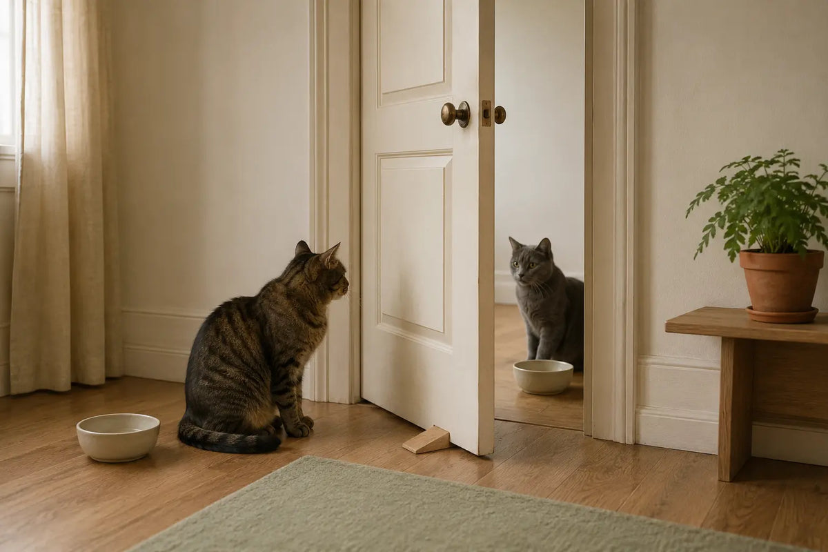 Two cats meeting calmly through a door held ajar during a staged cat introduction