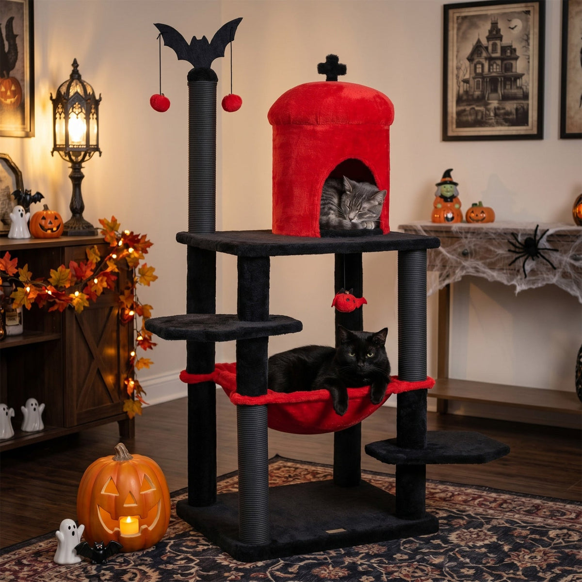 51 inch gothic Halloween cat tree with hammock and spider toy