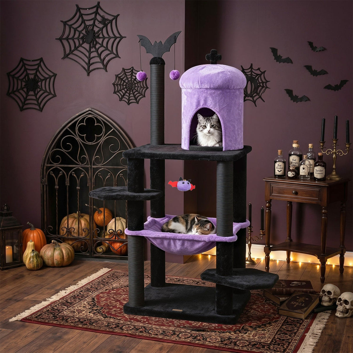 51 inch gothic Halloween cat tree in purple and black