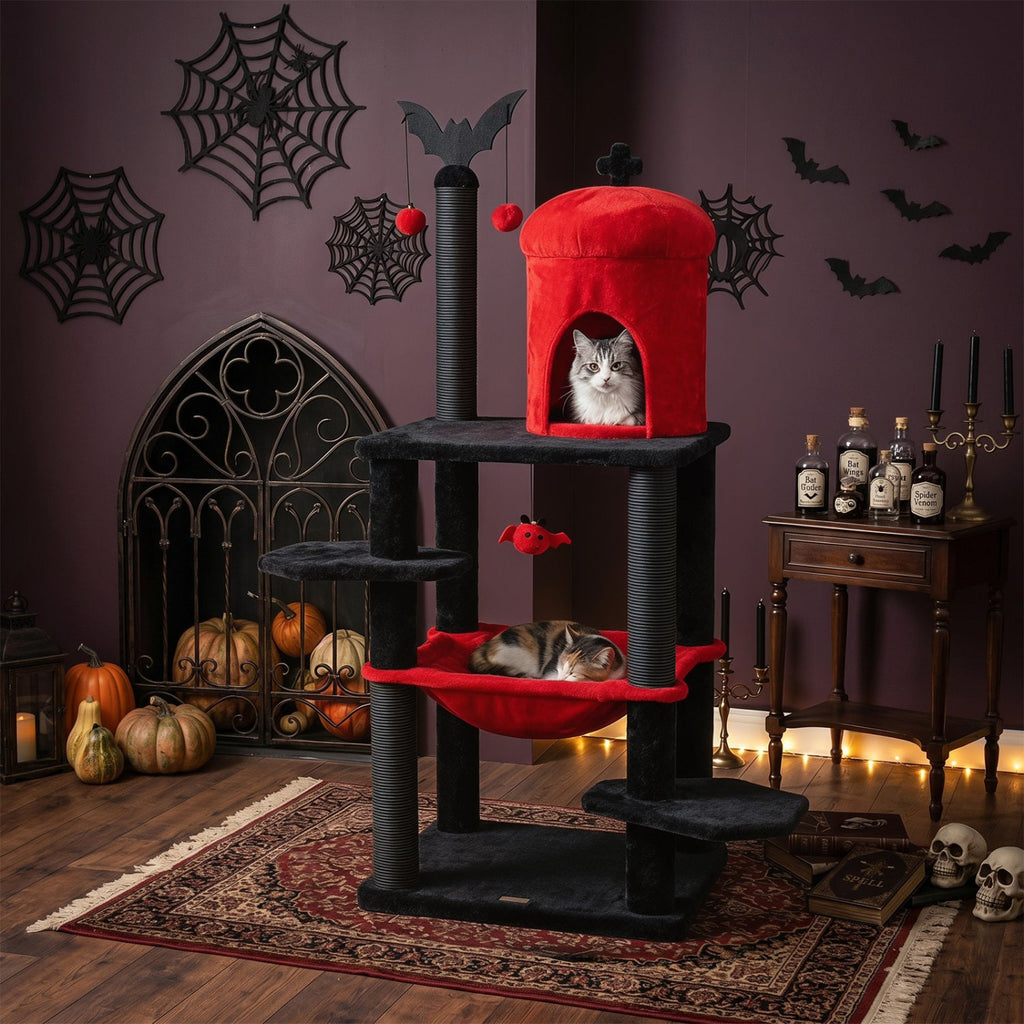 51 inch gothic Halloween cat tree with castle condo, red and black