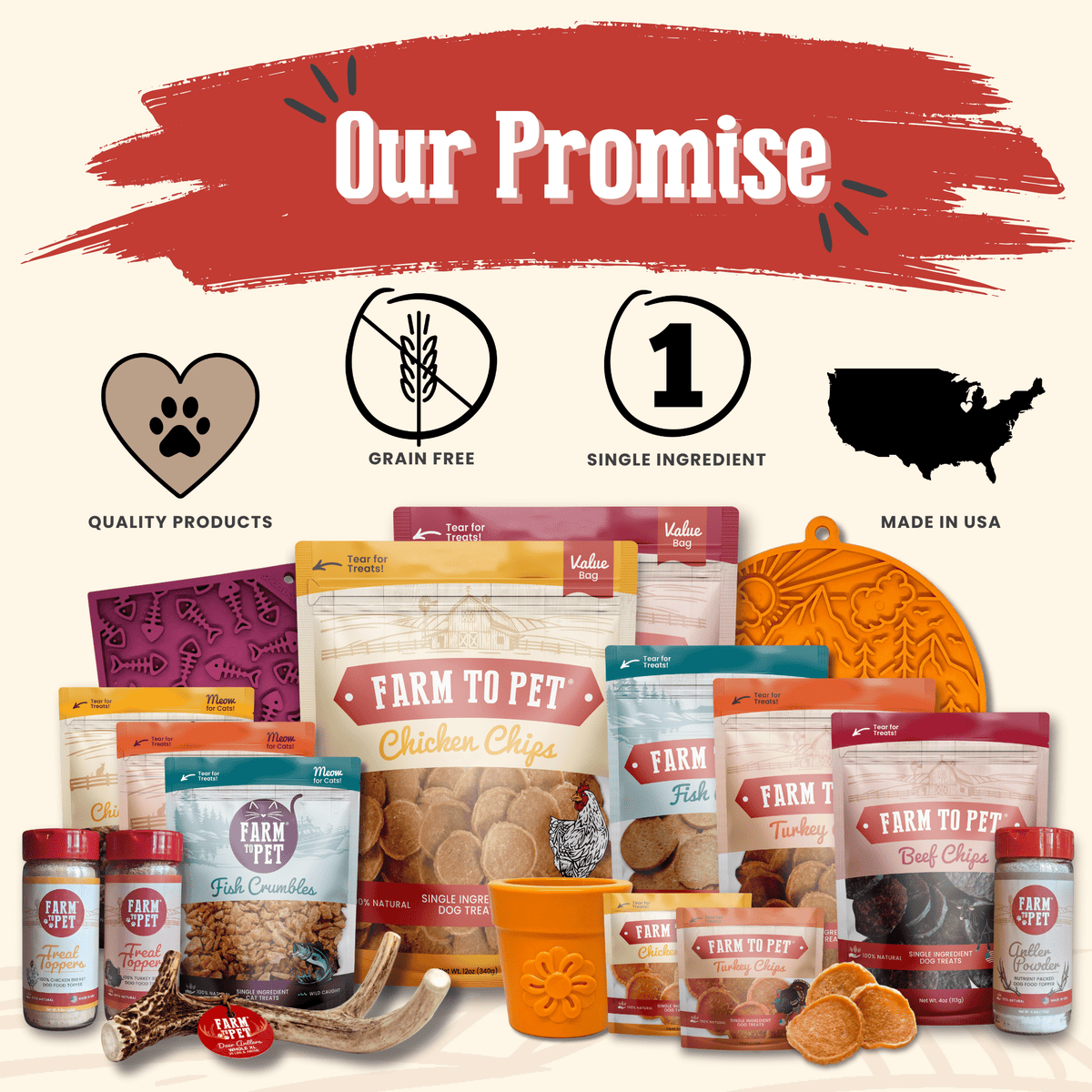 Our promise graphic: real chicken breast, made in the USA, no additives.