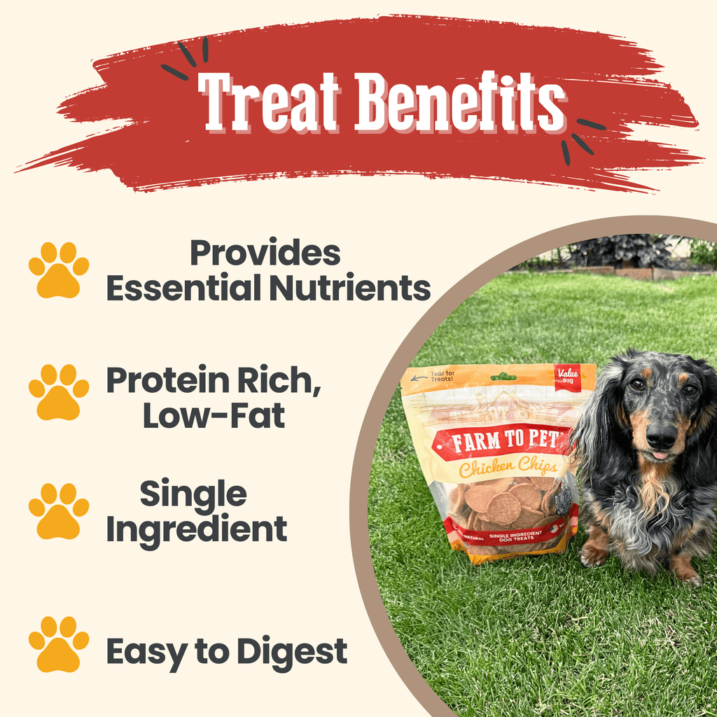 Benefits of 12oz healthy chicken chip dog snacks: high protein, low fat, single ingredient.