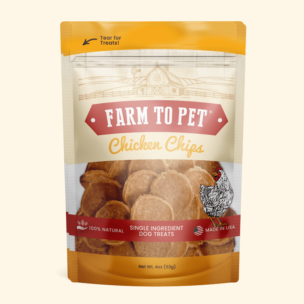 Chicken Chips for dogs 4oz bag front, all-natural single-ingredient chicken breast dog treats.