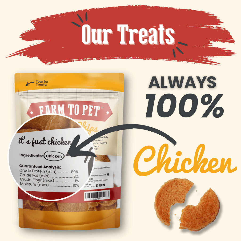 Chicken Chips 4oz bag back showing hormone-free chicken, guaranteed analysis and feeding guidelines.