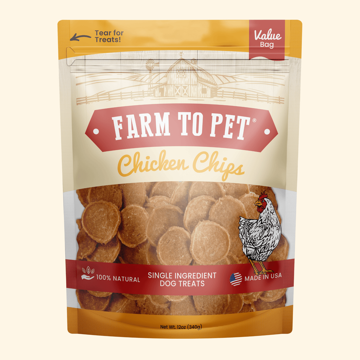 Chicken Chips for dogs 12oz value bag front, single-ingredient chicken breast dog treats.