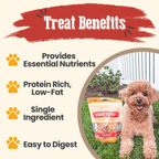 Benefits of USA-made chicken chip dog treats: single ingredient, high protein, low fat, grain free.