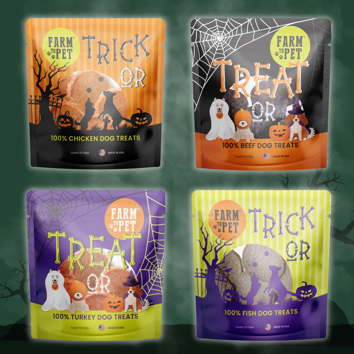Halloween dog treat snack pack bundle by Farm To Pet with assorted mini bags