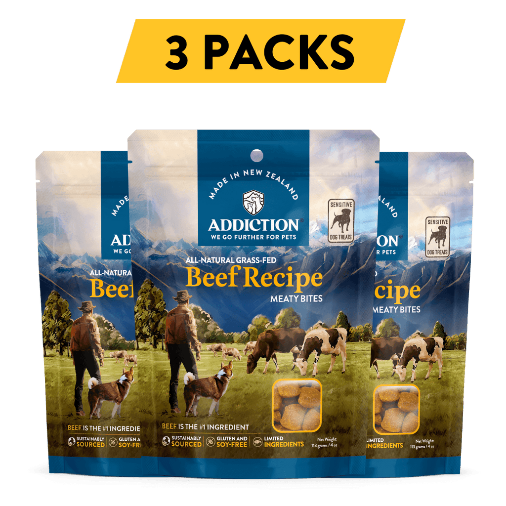 Addiction Beef Meaty Bites, pack of 3: three 4 oz bags of soft, grain-free beef dog treats