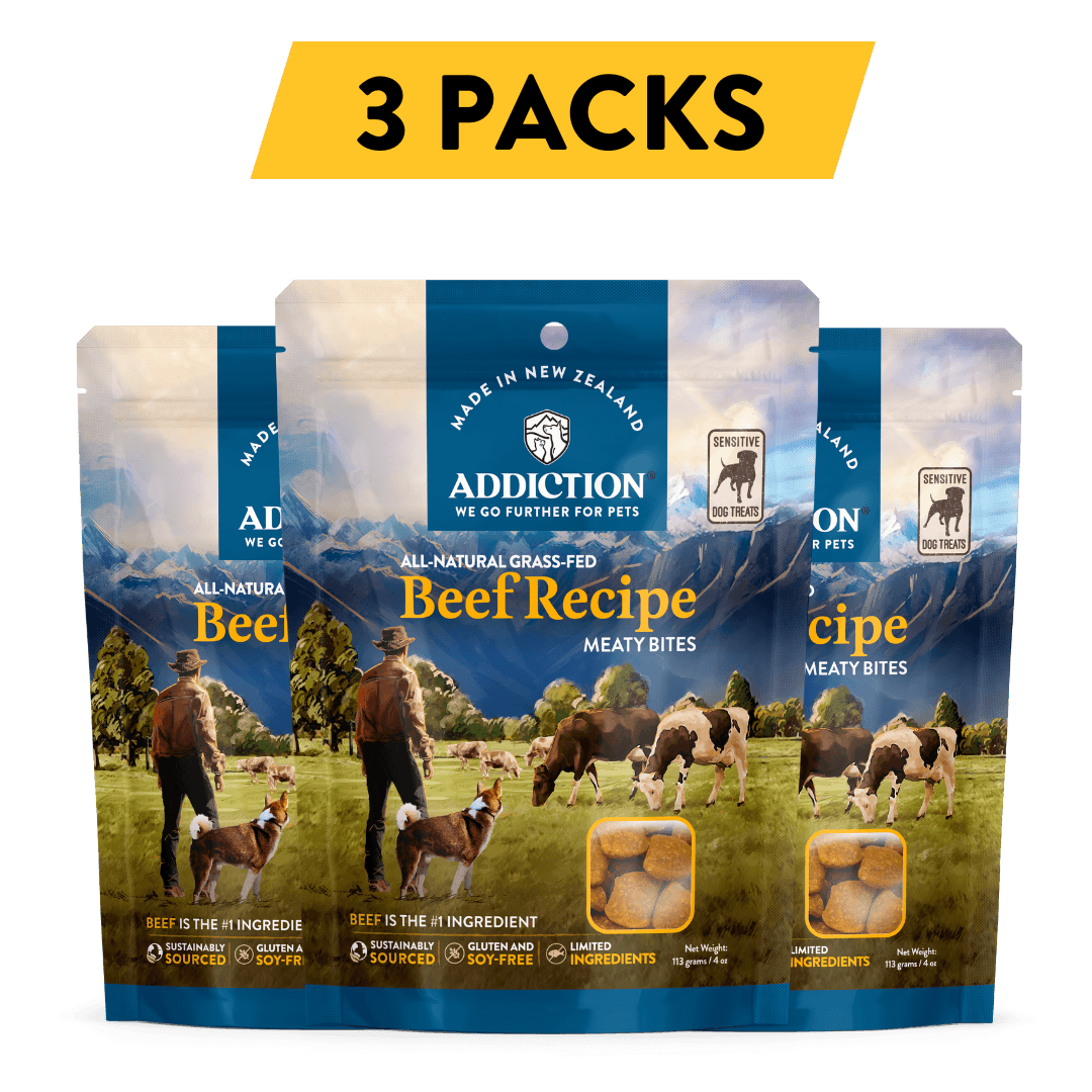 Addiction Beef Meaty Bites, pack of 3: three 4 oz bags of soft, grain-free beef dog treats