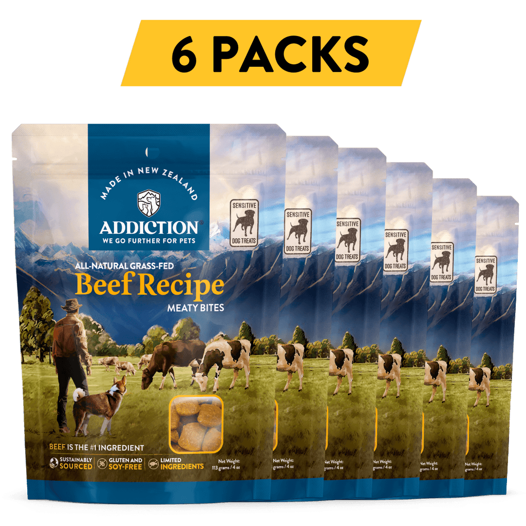 Addiction Beef Meaty Bites, pack of 6: six 4 oz bags of soft beef treats for training