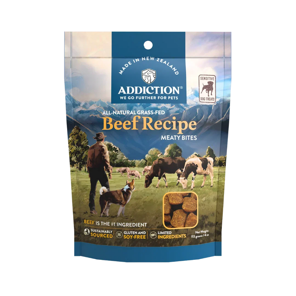Addiction Beef Meaty Bites soft dog treats, pack of 1: a 4 oz bag with grass-fed New Zealand beef first