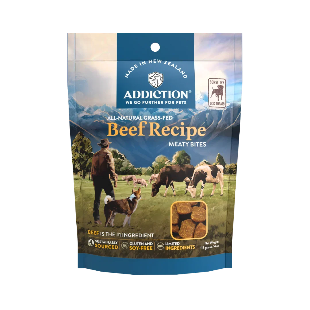 Addiction Beef Meaty Bites soft dog treats, pack of 1: a 4 oz bag with grass-fed New Zealand beef first