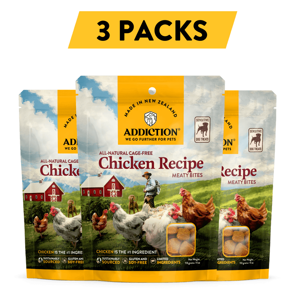 Addiction Chicken Meaty Bites, pack of 3: three 4 oz bags of soft, grain-free chicken dog treats