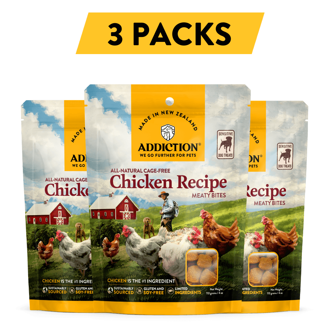 Addiction Chicken Meaty Bites, pack of 3: three 4 oz bags of soft, grain-free chicken dog treats