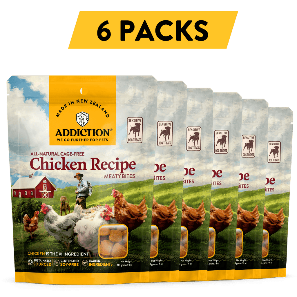 Addiction Chicken Meaty Bites, pack of 6: six 4 oz bags of soft chicken treats for training