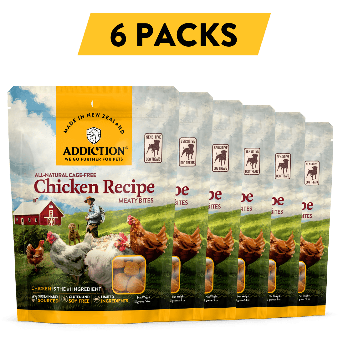 Addiction Chicken Meaty Bites, pack of 6: six 4 oz bags of soft chicken treats for training