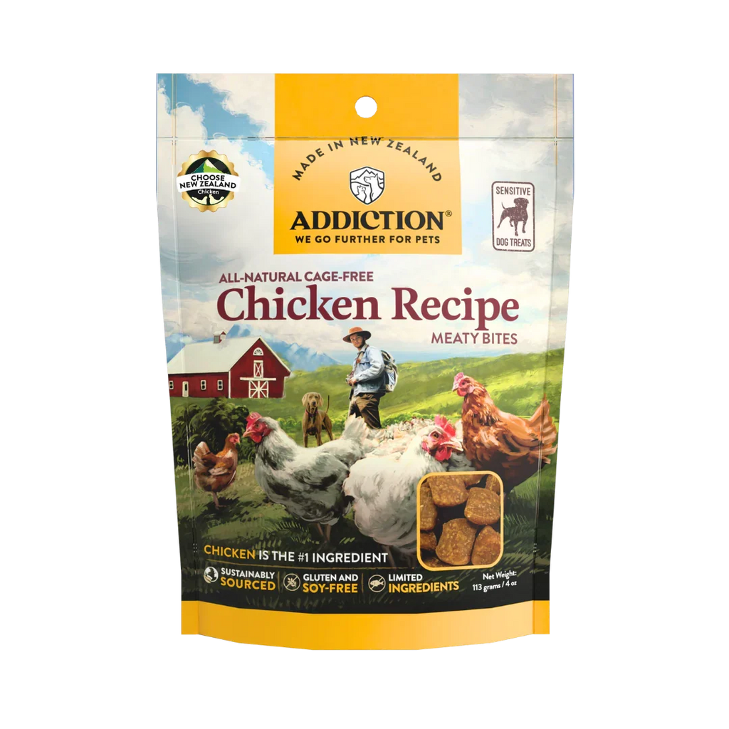 Addiction Chicken Meaty Bites soft dog treats, pack of 1: a 4 oz bag with cage-free chicken first