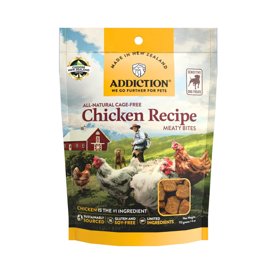 Addiction Chicken Meaty Bites soft dog treats, pack of 1: a 4 oz bag with cage-free chicken first