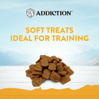 Soft, moist Addiction Chicken Meaty Bites sized for training and everyday rewards